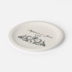 Vintage Pfauen Monogramm Elfenbein BG Pappteller