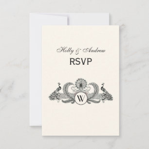 Vintage Pfauen Monogramm Elfenbein BG RSVP Karte