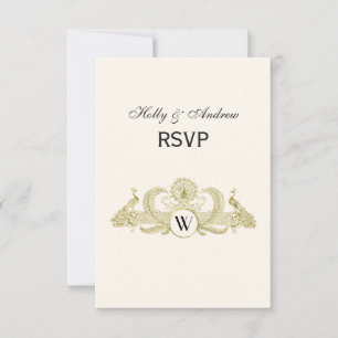 Vintage Pfauen Monogramm Falsches Gold Elfenbein B RSVP Karte