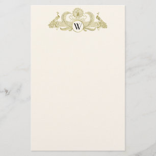Vintage Pfauen Monogramm Falschgold Elfenbein BG Briefpapier