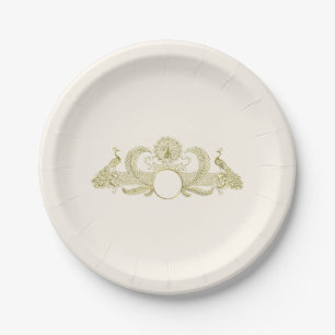 Vintage Pfauen Monogramm Falschgold Elfenbein BG Pappteller
