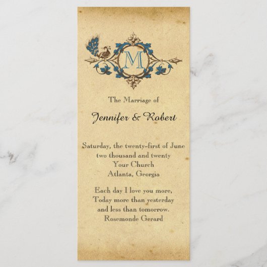 Vintage-Pfauen-Monogramm-Hochzeitsprogramm Programm (Vorderseite)