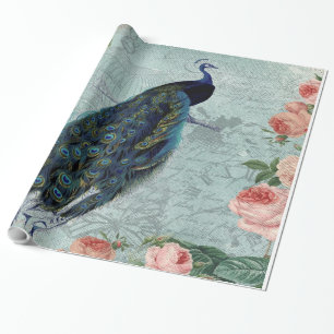 Vintage Pfauen- und Rosenillustration Geschenkpapier