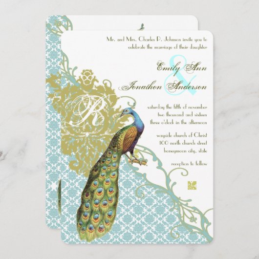 Vintage Pfauenblauer und grüne Damaskus-Hochzeit Einladung (Vorne/Hinten)