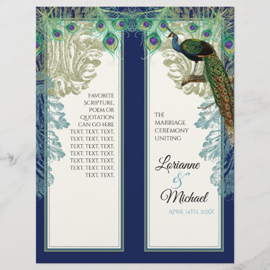 Vintage Pfauenfedern Navy Blaues Hochzeitsprogramm (Vorderseite)