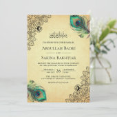 Vintage Pfauenfedern QR-Code für muslimische Hochz Einladung (Stehend Vorderseite)