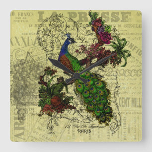 Vintage Pfauenhalterung Quadratische Wanduhr