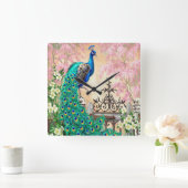 Vintage Pfauenhalterung Quadratische Wanduhr (Zuhause)