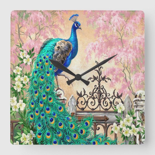 Vintage Pfauenhalterung Quadratische Wanduhr (Vorderseite)