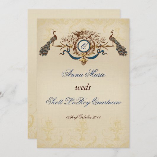 Vintage Pfauenhochzeit Einladung (Vorne/Hinten)