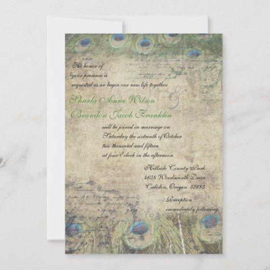 Vintage Pfauenhochzeit Einladung (Vorderseite)