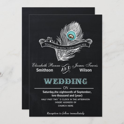 Vintage Pfauenhochzeit in Chalkboard Einladung (Vorne/Hinten)