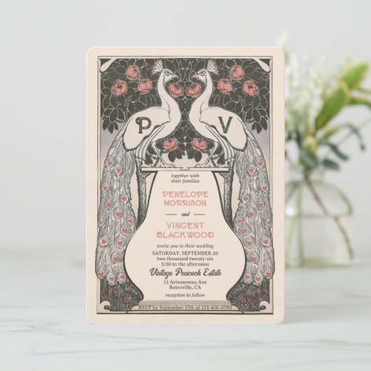 Vintage Pfauenhochzeit Liebe Einladung (Stehend Vorderseite)