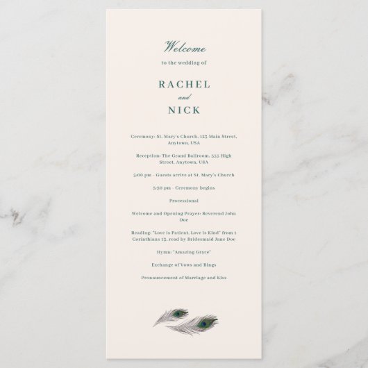 Vintage Pfauenhochzeit Programm (Vorderseite)