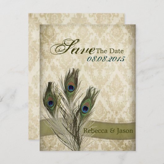Vintage Pfauenhochzeit speichern das Datum Ankündigungspostkarte (Vorne/Hinten)