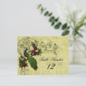 Vintage Pfauenhochzeit Tischnummer Postkarte (Stehend Vorderseite)