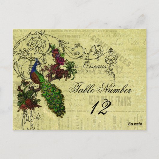 Vintage Pfauenhochzeit Tischnummer Postkarte (Rückseite)