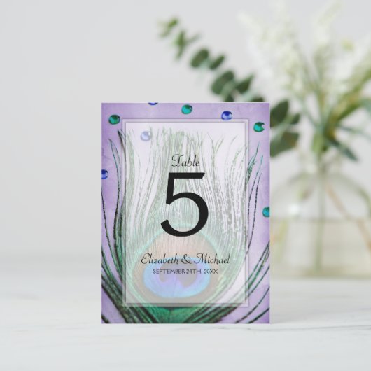 Vintage Pfauenjuwelen Lila Hochzeitsstiftung Tisch Postkarte (Stehend Vorderseite)