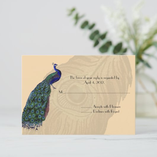 Vintage Pfauenkarten RSVP Karte (Stehend Vorderseite)