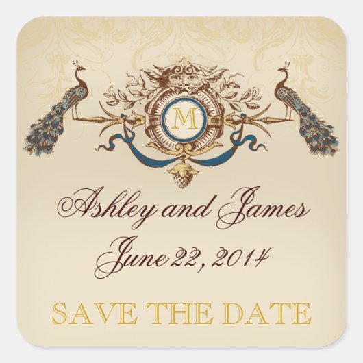 Vintage Pfauenklammern Save the Date Stickers (Vorderseite)