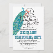 Vintage Pfauenpfropfen Aquamarin und Korallen Einl Einladung (Vorderseite)