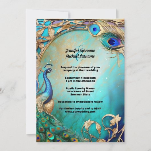 Vintage Pfauenvogelfedern verzierten Jugendstil Einladung (Vorderseite)