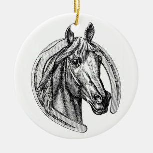 Vintage-Pferd- und Hufeisen-Weihnachtsbaum-Ornamen Keramikornament