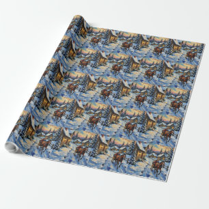 Vintage Pferd und Schlitten auf einem schneebedeck Geschenkpapier