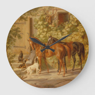 Vintage Pferde an der Veranda Albrecht Adam Große Wanduhr