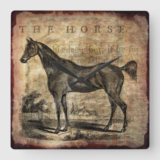 Vintage Pferdegepflegte und Arabienpferde Quadratische Wanduhr (Vorderseite)