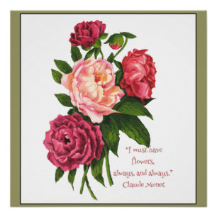 Vintage-Pfingstrose-Blume-Monet-Zitat in Rot, Pink Poster