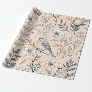 Vintage-Pfirsich-Sangvogel-Wildblumenmuster Geschenkpapier