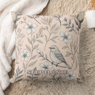 Vintage-Pfirsich-Sangvogel-Wildblumenmuster Kissen