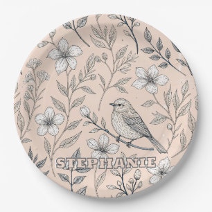 Vintage-Pfirsich-Sangvogel-Wildblumenmuster Pappteller