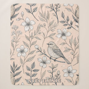 Vintage-Pfirsich-Sangvogel-Wildblumenmuster Sherpadecke