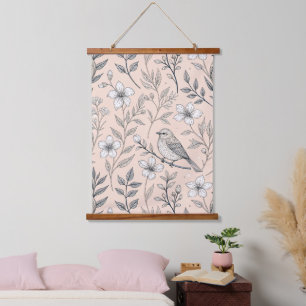 Vintage-Pfirsich-Sangvogel-Wildblumenmuster Wandteppich Mit Holzrahmen