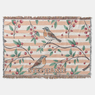 Vintage-Pfirsich-Songbird-Beeren-Zweig-Muster Decke