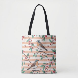Vintage-Pfirsich-Songbird-Beeren-Zweig-Muster Tasche