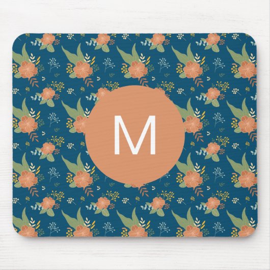 Vintage Pfirsich- und blaues Blumenmuster-Monogram Mousepad (Vorne)