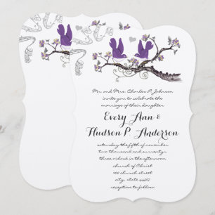 Vintage-Pfirsich-Vögel Gelbe und violette Hochzeit Einladung