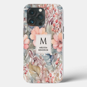 Vintage-Pfirsich-Wildblumen-Wasserfarben-Monogramm iPhone 13 Pro Hülle