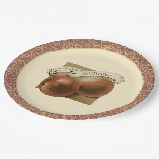 Vintage Pfirsiche Elegante Rezepte Retro Pappteller (Schrägansicht)