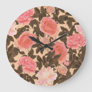 Vintage pfirsichfarbene Rose Wasserfarbmuster. Große Wanduhr