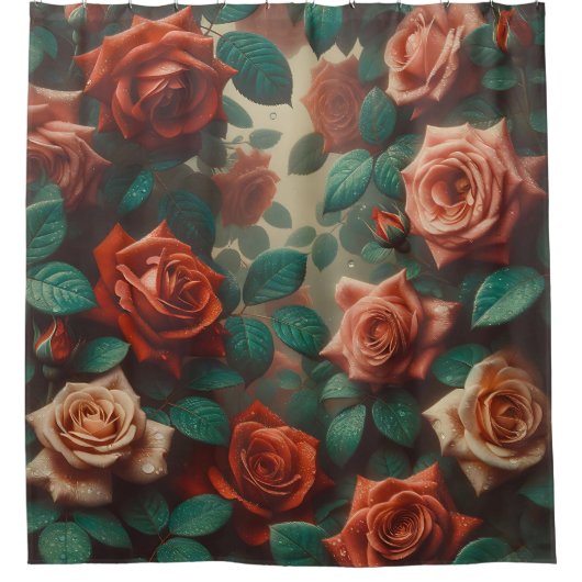 "Vintage PfirsichRose mit Raindrops" Duschvorhang (Vorderseite)