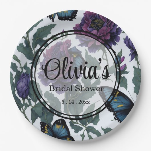 Vintage Pflaumen lila Magenta-Blütenschmetterlinge Pappteller (Vorderseite)