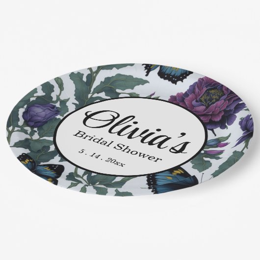 Vintage Pflaumen lila Magenta-Blütenschmetterlinge Pappteller (Schrägansicht)