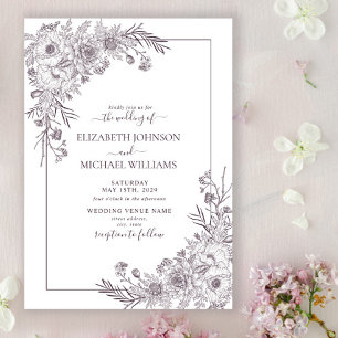 Vintage Pflaumen-Purple Blumen Line Art Schrift Ho Einladung