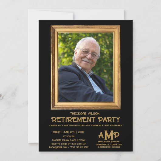 Vintage Photo Frame Black Retirement Party Einladung (Vorderseite)