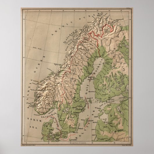 Vintage physikalische Karte Norwegens und Schweden Poster (Vorne)