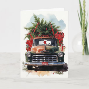 Vintage-Pickup-Truck-Weihnachtsbaum-Geschenke Ho H Feiertagskarte